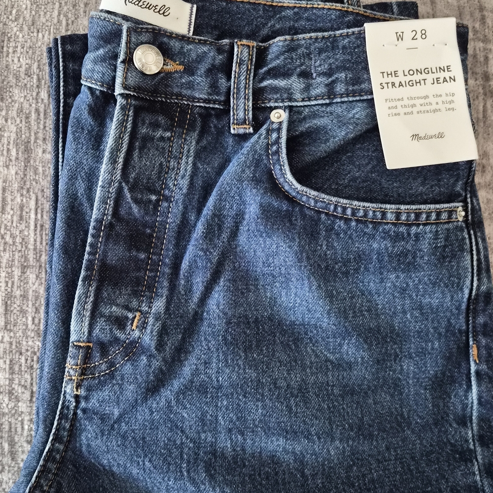 Madewell Women's Classic Blue Straight Jeans LONGLINE Mckinney Wash Rigid Denim